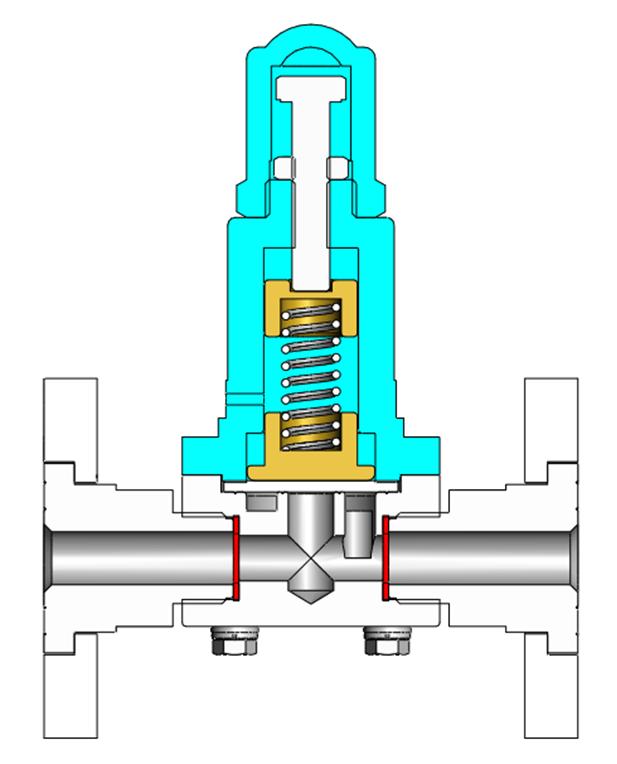 4. 밸브의구조 릴리프밸브 (Pressure relief valve) - 도장색상 : 레드 VALVE CAP PRESSURE CONTROL BOLT CONTROL RING SPRING GUIDE RING LOCK NUT VALVE CASE DIAPHRAGM CONNECTOR OUT IN VALVE BODY
