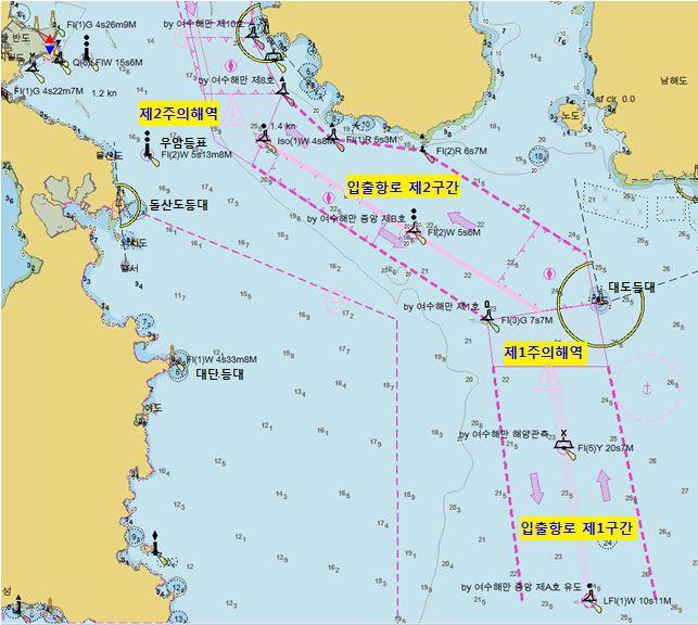 2015 년선박통항로안전성평가 ( 여수 광양항 ) 연구용역 < 그림 1-9> 는항계외곽여수ㆍ광양항로입출항로제 1 구간 ~ 제 2 구간의항로표지현황이다. < 그림 1-9> 여수ㆍ광양항로입출항로제 1 구간 ~ 제 2 구간 입출항로제 1구간 - 항로폭은약 0.8~1마일이며, 수심은약 21~25m이다.