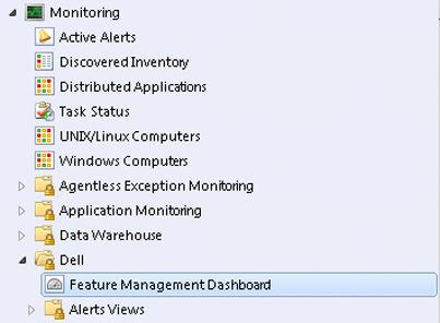 Dell 기능관리대시보드를사용하여모니터링기능가져오기 Dell 기능관리대시보드에서는사용가능한 Dell Server Management Pack Suite 의모니터링기능을보고특정기능에서필요로하는관리팩의자동가져오기, 업그레이드및제거를활성화할수있습니다.