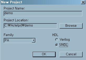Project Name, Location, Family, HDL 지정 4. OK.
