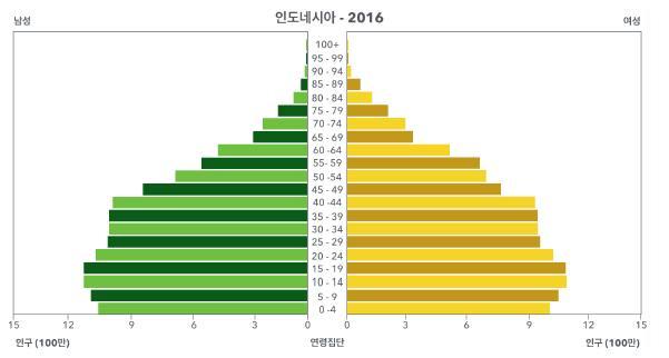 2. 보건의료현황 2.1. 주요보건지표 인도네시아의인구는 2016 년기준으로 258,316,051 명이며 2016 년출생시기대여명은 72.7 세임. 중위연령은 29.9 세로한국의중위연령 41.2 세보다 11.3 세가낮음 표 16 인도네시아의주요보건지표 지표명 수치 단위 산출연도 인구 258,316,051 명 July 2016 est 전체 72.