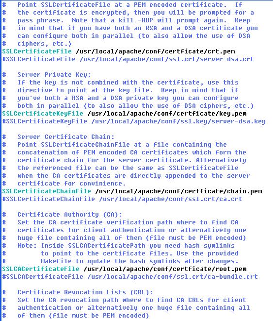 #SSLCACertificateFile /usr/local/apache/conf/ssl.crt/ca-bundle.crt 5 웹서버재구동 httpd.