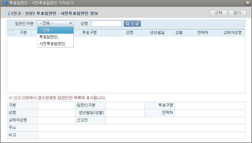 제 7 회전국동시지방선거 - [ 신고 신청 ] 메뉴에서접수완료한투표참관인및사전투표참관인을확인할수있으며, 체크박스에체크한후 [ 선택 ] 버튼을클릭하여경비지급대상자로등록할수있다. 대상자를더블클릭해도선택되며, 전체를선택할경우상단의체크박스에체크한다. 자체선정투표참관인및사전투표참관인은 [ 신고 신청 ] 메뉴에서입력하지않으므로직접경비지급대상자등록을해야한다.