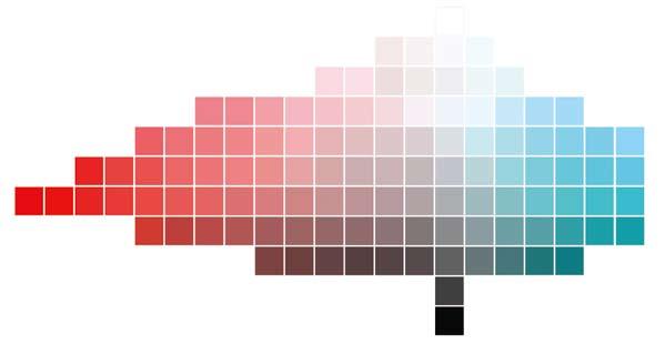 색상, 명도, 채도 등 학자들은 각각의 고유한 색상을 정해진 수치에 따라 구분하였는데, 미국의 화가이 색입체 색의 3가지 속성의 색입체의 횡단면도 - 같은 명도에서 색상과 자 색채 연구가인 먼셀(Munsell, Albert Henry / 858~98)은 색상, 채도, 명도에 따라 다 관계를 3차원의 공간에 계통적으 채도의 변화를 한눈에 볼 수 있는