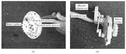 Manual adjustment Water turbine First worm gearset Second worm gearset Sprinkler bar D C 0 3 Water turbine