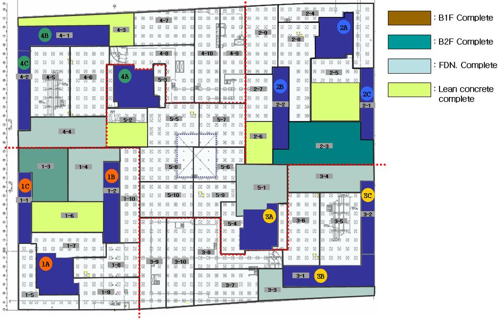 지하주차장골조공사는크게 5 개의 zone 으로분할하고각각의 zone 을총 56