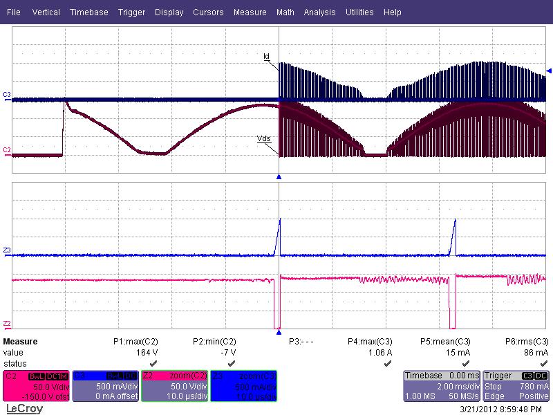 2 드레인전압및전류스타트업프로파일 The LinkSwitch-PL family has a built in soft start thereby reducing the stress. Figure 18 90 VAC / 50 Hz, 33 V LED String.