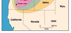 Mazama (Crater Lake) ash fall, erupted 6950 years ago. After Young (1990), Unpubl. Ph. D. thesis, University of Lancaster. UK.