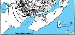 Hypothetical map view of a ring dike with N-S striking country rock strata as might result from erosion to a level