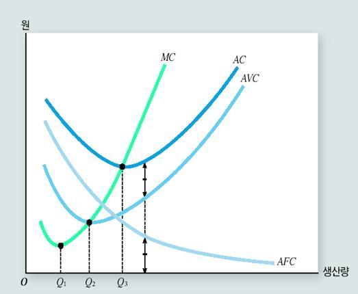 평균비용과핚계비용의관계 여러가지단기비용곡선 : 핚계비용곡선 (MC) 은평균가변비용곡선 (AVC)