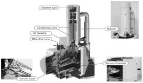 Figure 1. 주사전자현미경 Column의 3차원모형도. ( 주 ) 코셈의 CX 100S 모델기준. 고전압을공급하는고전압공급장치, 전체시스템을제어하거나수집된신호를처리하는 Electronics, 외부에서장비에전달되는진동을차단하는제진대등으로구성된다.