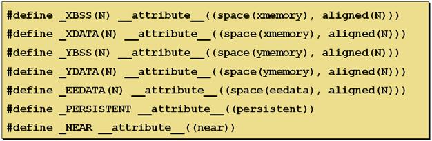 Chapter 2. 마이크로칩개발툴및 C 언어프로그래밍 2.3.4.11 C30 컴파일러의속성 (Attribute) MPLAB C30는 attribute 키워드를이용하여컴파일러로하여금특정변수또는함수에대해특정속성을갖도록할수있다. 사용법은 attribute 키워드후에이중괄호즉, (( )) 안에속성을삽입하면된다. 그럼 C30 컴파일러의속성에대해살펴보자. 2.3.4.11.1 변수선언속성매크로다음매크로는 C30 컴파일러에서특정메모리를특정메모리영역에할당하도록선언하기위한옵션을매크로를이용하여간략히표현할수있다.