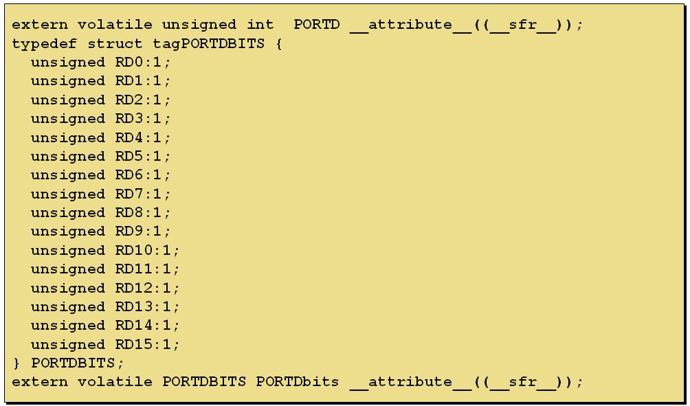Motor Control 2.3.4.12 C30 컴파일러의 I/O 포트액세스 C30 컴파일러에서는 I/O 포트의이름을이용하여포트전체를액세스할수있으며, 또한구조체를이용하여 I/O 포트의특정비트도액세스할수있다. 이들 I/O 포트변수들은헤더파일에서각각정의되어있으며, 링커가각각의메모리영역에맵핑해주고있다. 디바이스헤더파일중 P24FJ128GA010.
