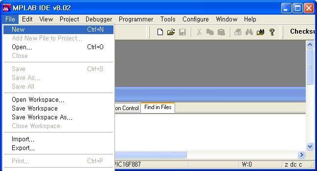 Motor Control <Step 1> 새에디터창열기 File 메뉴에서 New를클릭하거나, New File 버튼클릭 ( 원으로표시된아이콘클릭 ) 한다. <Step 2> 아래와같이에디터창안에서 C 코딩하기 ( 프로그램만들기 ) #include <pic.