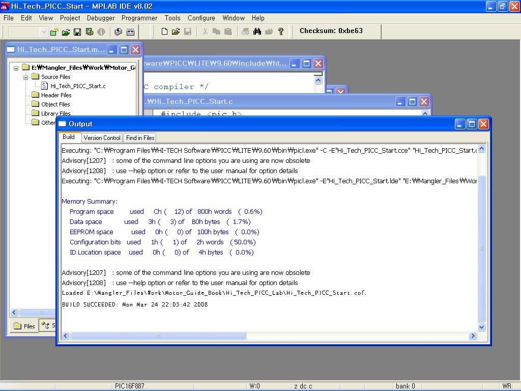 Motor Control 오른쪽그림은 Hi_Tech_PICC_Start.c 소스코드가새프로젝트 Source Files로추가되어완료된상태를보여준다.
