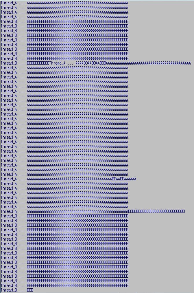 실행결과 thread_a, thread_b, thread_main 이일정시간마다번갈아가며실행 한줄이다출력되기전에 thread간의교체가발생되어, 출력이섞임 만약, 한번에 thread 하나가한줄씩만출력하고,