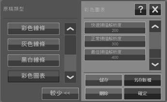 設定各個品質設定 ( 快速 正常 最佳 ) 的專屬掃描解析度 ( 掃描以列印 ) 1. 按下 原稿類型, 然後按下 更多 按鈕, 即可開啟 原稿類型 的調整選項 2. 將調整清單往下捲動, 尋找 快速掃描解析度 正常掃描解析度 和 最佳掃描解析度 這三個按鈕 3. 按下任一按鈕皆可開啟一份清單, 其中列出可供您選擇的解析度 4.