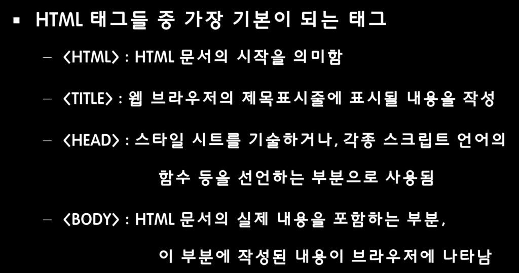 2.1.1 구조태그 HTML 태그들중가장기본이되는태그 <HTML> : HTML 문서의시작을의미함 <TITLE> : 웹브라우저의제목표시줄에표시될내용을작성