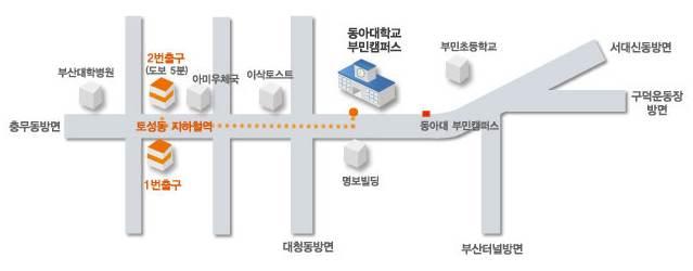 동아대학교부민캠퍼스오시는길 행사장오시는길 동아대학교부민캠퍼스주소 : 부산광역시서구구덕로 225( 부민동 2 가 ) 승용차이용시 출발지운행경로소요시간 서울 대구 광주 서울 경부 / 중부고속도로 양산분기점 대동 IC 삼락 IC 백양터널 수정산터널 부산우체국에서우회전 동아대부민캠퍼스 대구 신대구고속도로 양산분기점 대동 IC 삼락 IC 백양터널 수정산터널