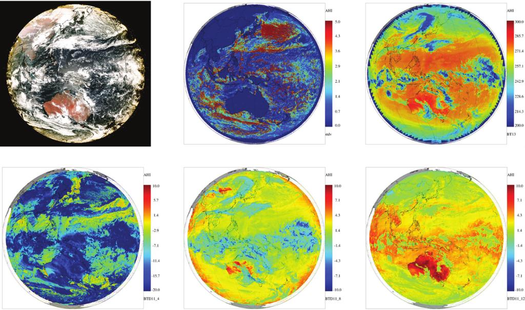 Himawari-8/AHI 관측자료를이용한주요대기에어로솔탐지및분류방법 499 (a) (b) (c) (d) (e) (f) Fig. 4. (a) AHI RGB color composite (red=0.64 μm, green=0.51 μm, blue=0.