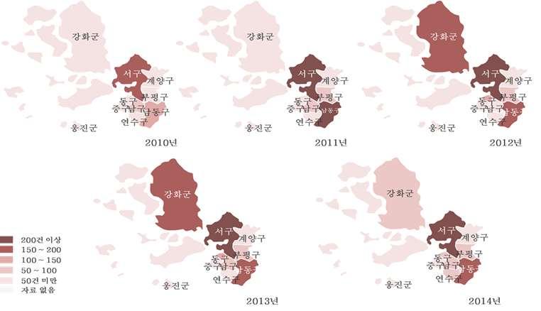 유성구는 2011 년 50 건미만에서 2012 50 건이상, 2013 년 150 건이상으로증가 Ÿ 인천광역시 1.