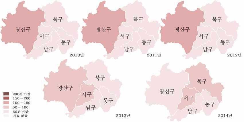 4. 남동구는 2011 년 200 건이상에서 2012 ~ 2014 년 200 건미만으로감소함. Ÿ 광주광역시 1.