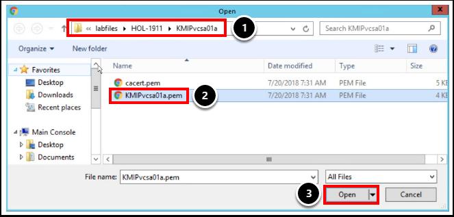 인증서선택 이미 HyTrust KMS Server 웹인터페이스에서이인증서 PEM 파일을다운로드했습니다. 1. "C:\LabFiles\HOL-1911\KMIPvcsa01a\" 경로를찾습니다. 2.