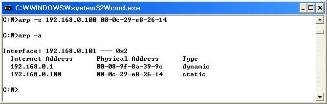 ARP 스푸핑보안대책 MAC 테이블의 static 설정을통해막을수있음 ➊ arp -a 명령을입력하고 [Enter] 키를입력한다. 현재 MAC 주소테이블을볼수있다. ➋ static 으로설정하고자하는 IP 주소와 MAC 주소를확인한뒤 arp -s <IP 주소 > <MAC 주소 > 형식으로명령을입력한다.
