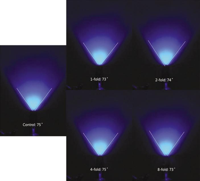 Figure 3. Light diffusion from LED light curing unit with infection control barriers covering the fiberoptic bundle. Figure 4.