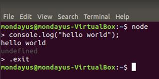 - 12-4. 설치및실행 4.2 Linux(Ubuntu) (2/2) node 명령어를이용하여 node.js 실행 node.js의 console.log함수를이용하여 hello world 출력 정상적으로 log가출력확인.exit를입력하여 node.