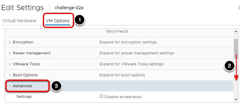 1. 'challenge-02a' 가상머신에대한 Edit Settings( 설정편집 ) 창을아래로스크롤합니다. 2. Memory( 메모리 ) 설정을확장합니다. 3.