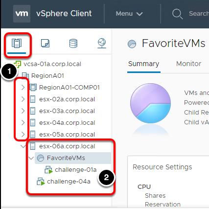 이당면과제에서는 vsphere Client 를사용합니다. 1. "Use Windows session authentication"(windows 세션인증사용 ) 확인란을선택합니다. 2. Login( 로그인 ) 을선택합니다. 'FavoriteVMs' 리소스풀확인 이연습의목적을고려하여 'FavoriteVMs' 리소스풀이이미생성되었습니다. 1. vsphere Client 에서 Hosts and Clusters( 호스트및클러스터 ) 뷰아래의인벤토리트리를살펴봅니다.