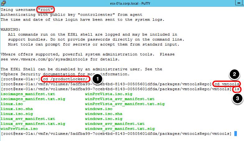 Product Locker 살펴보기 자동으로 ESXi 호스트에루트사용자로연결됩니다. 다음 3 개명령을사용하여 VMware Tools 설치소스파일이들어있는 productlocker 폴더의컨텐츠에액세스할수있습니다. PuTTY 창의크기를확장해야할수도있습니다. 명령프롬프트 [root@esx-01a:~] 에서다음을입력합니다. 1.