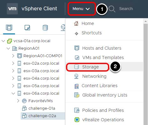 스토리지액세스 1. vsphere Client 에서 Menu( 메뉴 ) 를선택합니다.