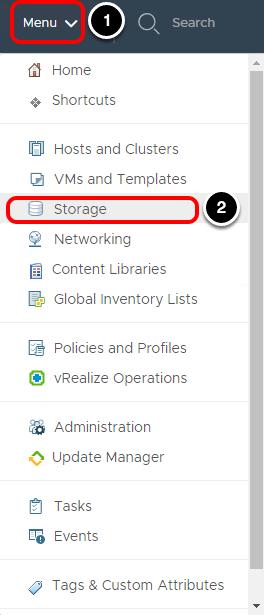 스토리지액세스 1. vsphere Client 에서 Menu( 메뉴 ) 를선택합니다.