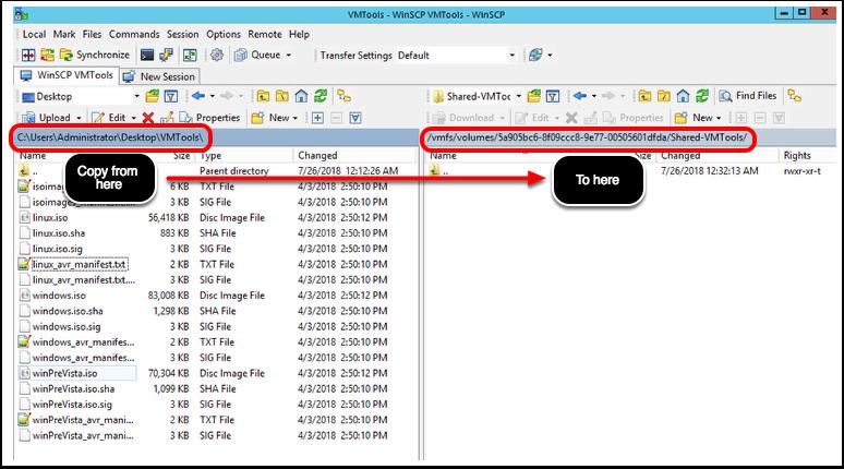 VMware Tools 설치파일복사 'VMTools' 폴더 (WinSCP 왼쪽 ) 에다운로드한 VMware Tools 설치파일을