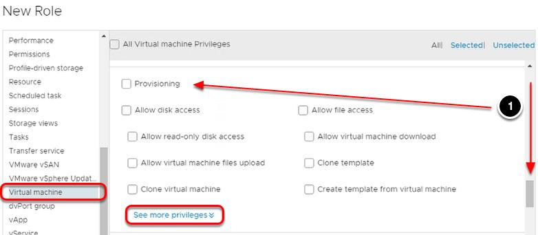 프로비저닝권한 1. New Role( 새로운역할 ) 옵션목록아래 Virtual Machine( 가상머신 ) 옵션의 Virtual Machine Privileges( 가상머신권한 ) 패널에서 Provisioning( 프로비저닝 ) 섹션이나타날때까지아래로스크롤합니다. 2.