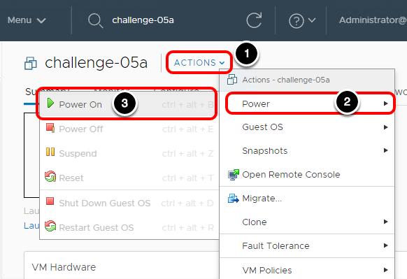 'challenge-05a' 가상머신전원켜기 1. Actions( 작업 ) 를선택합니다. 2. Power( 전원 ) 를확장하여이용가능한모든전원옵션을표시합니다. 3. Power On( 전원켜기 ) 을선택합니다. 모듈 4: 당면과제 2 1.