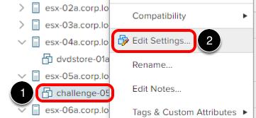가상머신설정편집 'challenge-05a' 가상머신의구성오류문제를해결하는방법은다음과같습니다. 1. 'challenge-05a' 를마우스오른쪽버튼으로클릭합니다. 2. Edit Settings( 설정편집 ) 를선택합니다.