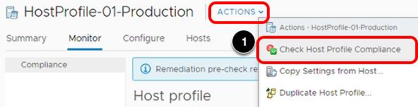 Actions( 작업 ) 메뉴에서 Check Host Profile Compliance( 호스트프로필규정준수확인 ) 를선택합니다.