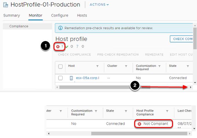 미준수호스트 Check Compliance( 규정준수확인 ) 작업이완료되면결과를검토해보겠습니다. Compliance( 규정준수 ) 패널에서다음을수행합니다. 1. 'X' 아이콘옆의수가 1 인지확인합니다. 2.