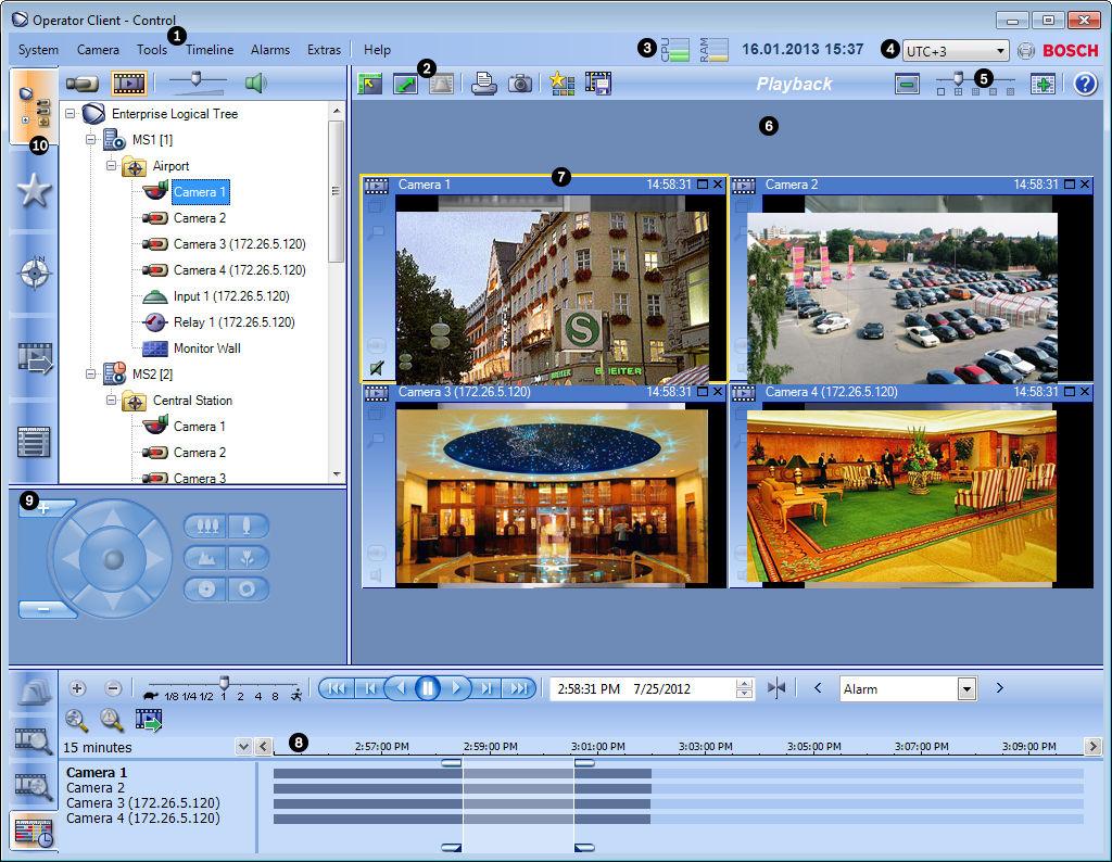 Bosch Video Management System 사용자인터페이스 ko 67 1 메뉴바 메뉴명령을선택할수있습니다. 2 도구모음 사용가능한버튼이표시됩니다. 아이콘에마우스를올려놓으면툴팁이표시됩니다. 3 성능미터 CPU 사용및메모리사용상황이표시됩니다. 4 시간대선택기 시간과관련된대부분의필드에표시될시간대항목을선택합니다.