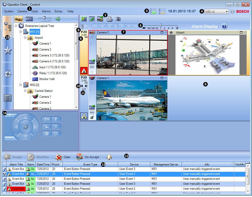 70 ko 사용자인터페이스 Bosch Video Management System 1 메뉴바 메뉴명령을선택할수있습니다. 2 도구모음 사용가능한버튼이표시됩니다. 아이콘에마우스를올려놓으면툴팁이표시됩니다. 3 재생제어 즉시재생또는카메라시퀀스또는알람시퀀스를제어할수있습니다. 4 성능미터 CPU 사용및메모리사용상황이표시됩니다.