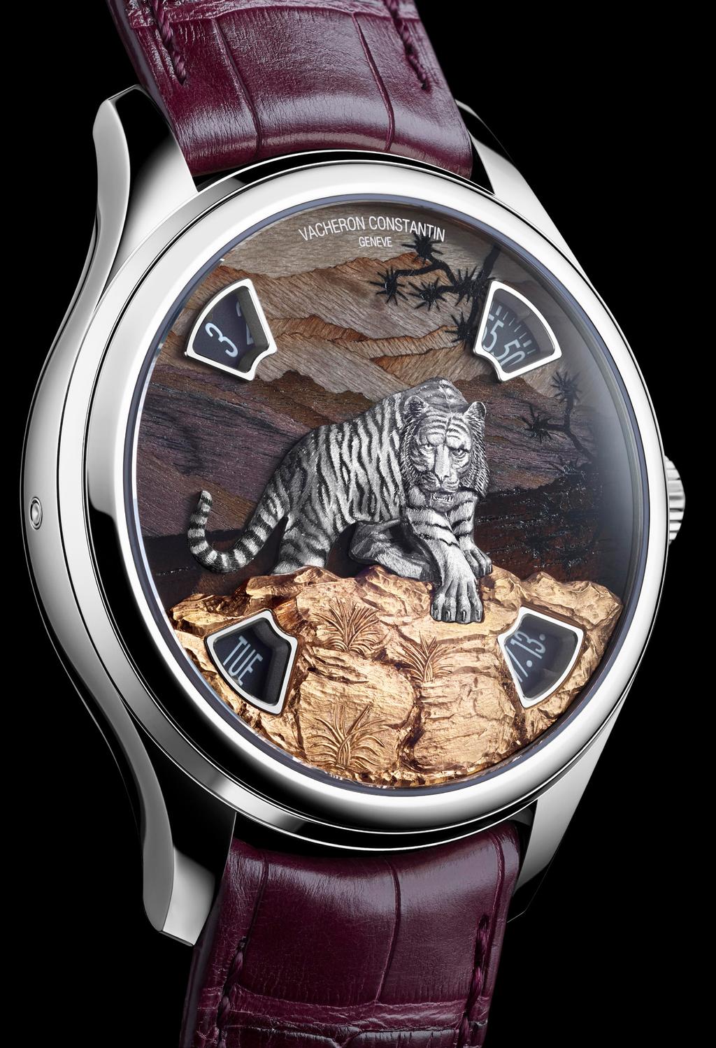 gold Hand-engraved 18K white gold tiger and 18K 5N pink gold stones on hand-crafted burgundy wood marquetry.