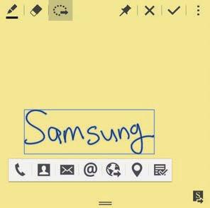 S 펜활용 액션메모 빠른메모입력창을실행해 S 펜으로내용을입력한후바로전화를걸거나, 연락처로저장, 메시지전송등다양한기능을간편하게활용할수있습니다. 에어커맨드에서액션메모를선택하세요. 손글씨를쓰거나그림을그려메모를작성하세요. 3 누르세요. 메모영역전체가선택됩니다. 메모중일부분만선택하려면, 선택영역바깥부분을누르세요.