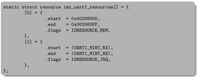 1. Platform Device & Driver(5) - platform_device(resource) (*) 특정드라이버가관리하는각장치 (device) 는서로다른 H/W 리소스를사용하게됨. I/O 레지스터주소, DMA 채널, IRQ line 등이서로상이함.