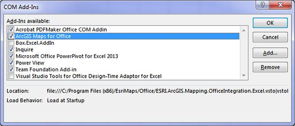 ArcGIS Maps for Office를설치했지만 ArcGIS Maps 탭이리본에표시되지않습니다. ArcGIS Maps for Office 애드 - 인이 Excel 또는 PowerPoint 에서기본설정에따라활성화되지않는경우가있습니다. 이문제를 해결하려면다음단계를사용하여애드 - 인을수동으로활성화하세요. 1.