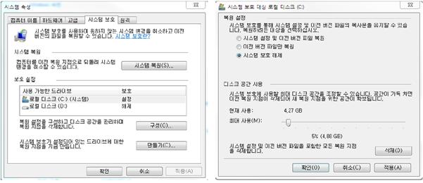 내컴퓨터 ( 마우스오른쪽클릭 ) 속성 시스템보호 시스템복원 구성을클릭한후시스템보호해제를선택하여확인 3)