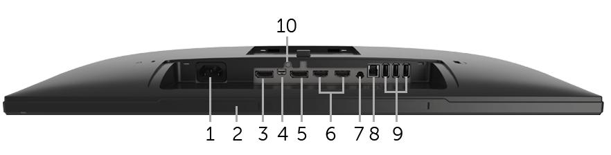 밑면 아래모습 ( 모니터스탠드없음 ) 라벨 설명 사용 1 AC 전원코드커넥터 전원케이블을연결합니다. 2 Dell 사운드바장착브래킷 Dell 사운드바를장착하기위한브래킷. ( 탈착식플라스틱시트아래숨겨짐 ) 3 DP 커넥터 컴퓨터 DP 케이블을연결합니다. 4 Mini DisplayPort 입력커넥터 Mini-DP 대 DP 연결케이블로컴퓨터를연결합니다.