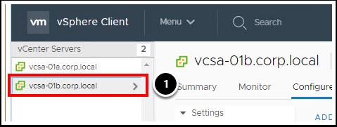 vcsa-01b.corp.local 선택 이제 vcsa-01b.corp.local vcenter Server 에 kms-01b.corp.local HyTrust KMS Server 를추가합니다. 1. 왼쪽탐색창에서 vcsa-01b.corp.local vcenter Server 를클릭합니다.